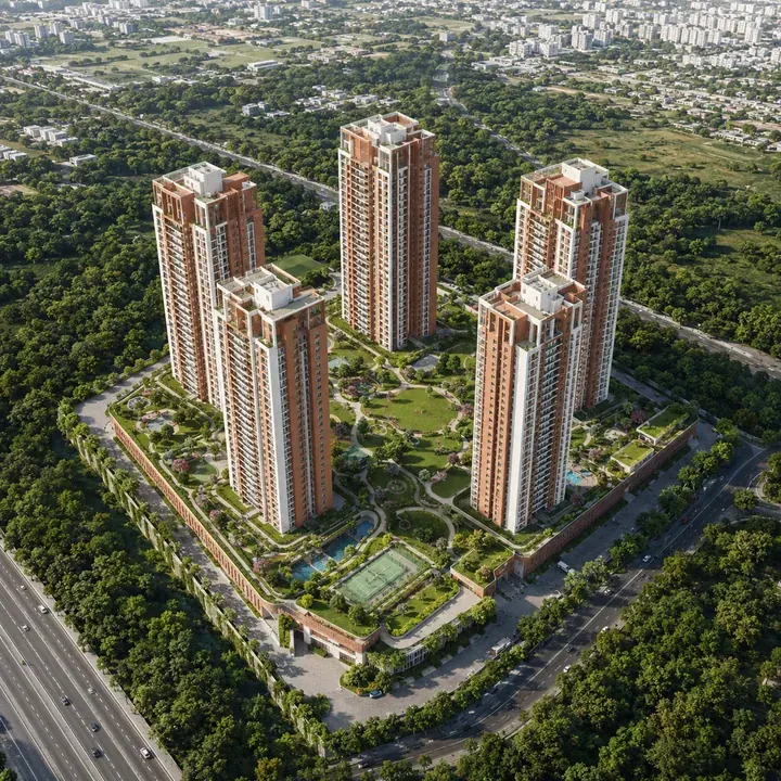 Aparna Wonder Woods aerial view of the five-tower development around the central podium
