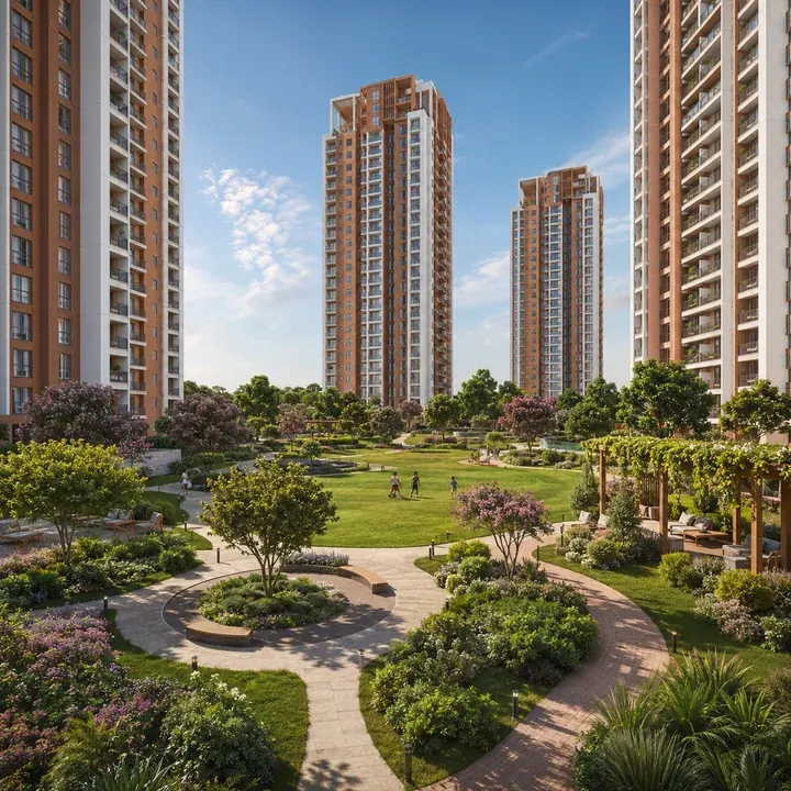 Aparna Wonder Woods landscaped gardens on the vehicle-free podium