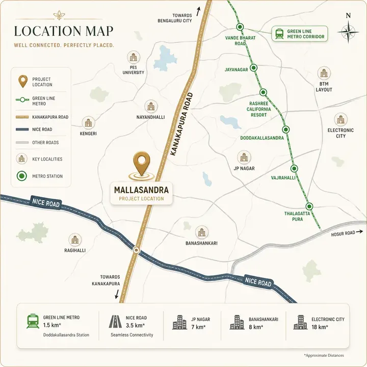 Aparna Wonder Woods location map showing Mallasandra, Kanakapura Road and the Vajarahalli–Talaghattapura metro stations