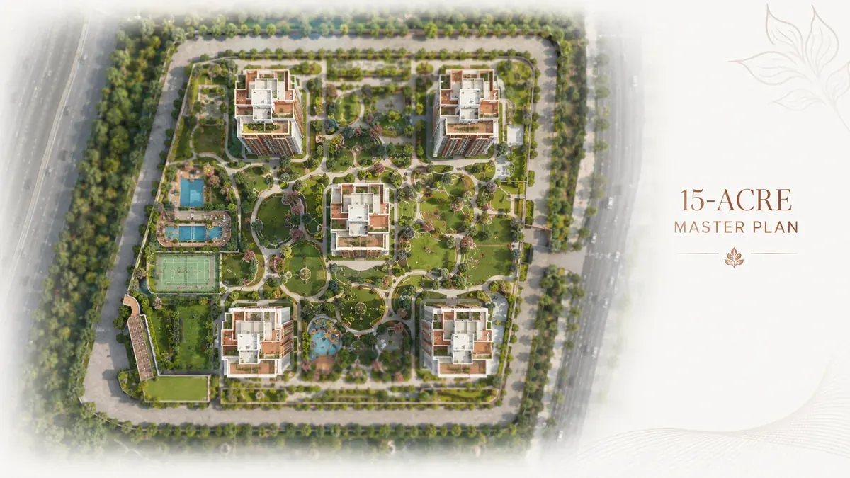 Aparna Wonder Woods master plan showing five towers around a vehicle-free central landscape podium at Mallasandra